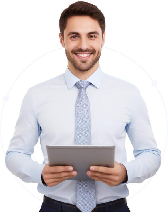 A man in a shirt and tie holding a tablet