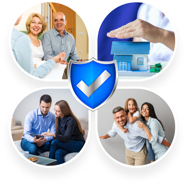 Life insurance planning: a couple meeting an advisor, a hand over a model home, a couple reviewing a tablet and a family together