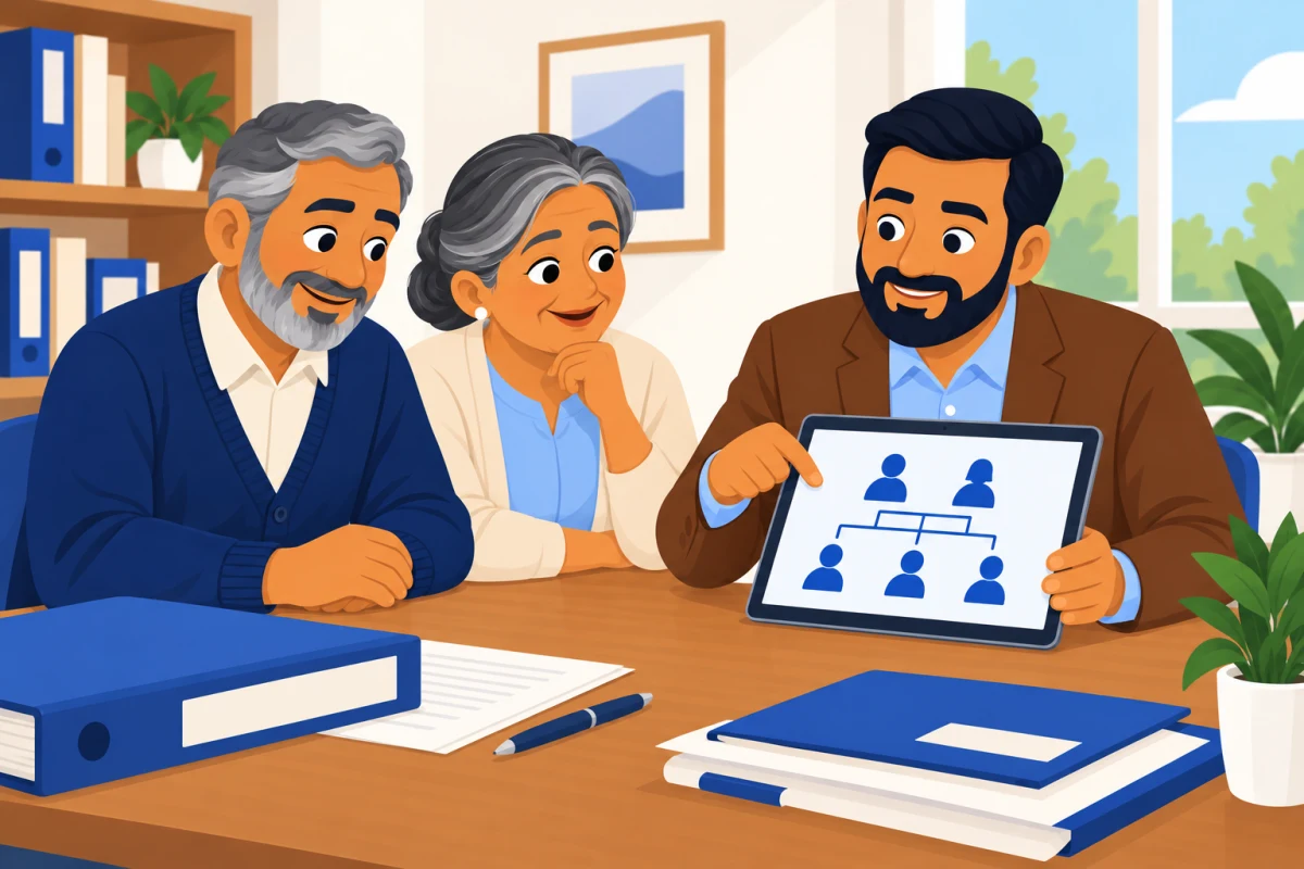 Illustration: an older couple reviewing a simple family tree on a tablet with their advisor