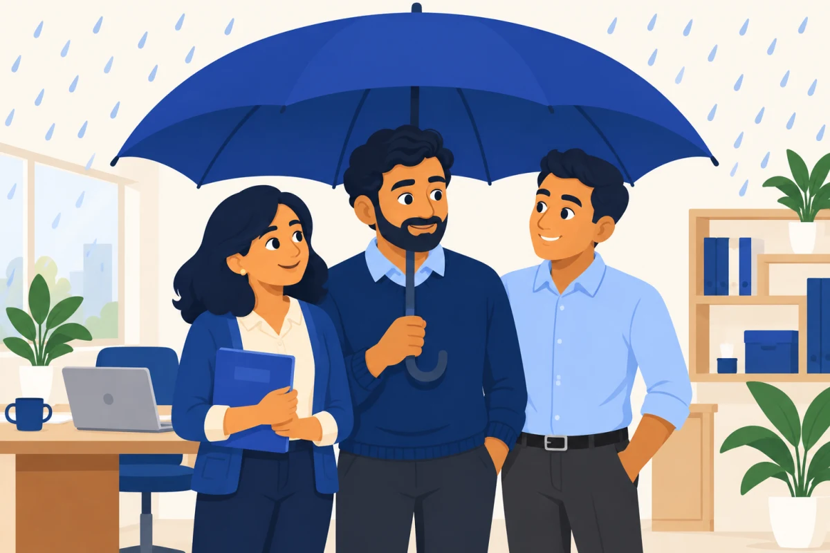 Illustration: a business owner and two key employees under a large blue umbrella