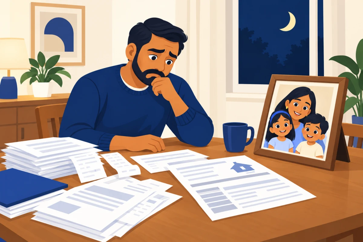 Illustration: a worried father at the table at night with bills and a mortgage statement, looking at a family photo
