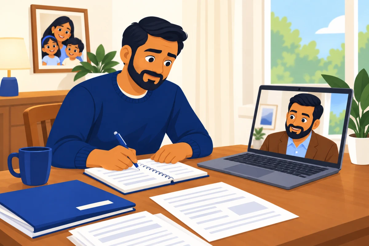 Illustration: the father on a video call with a licensed advisor, taking notes