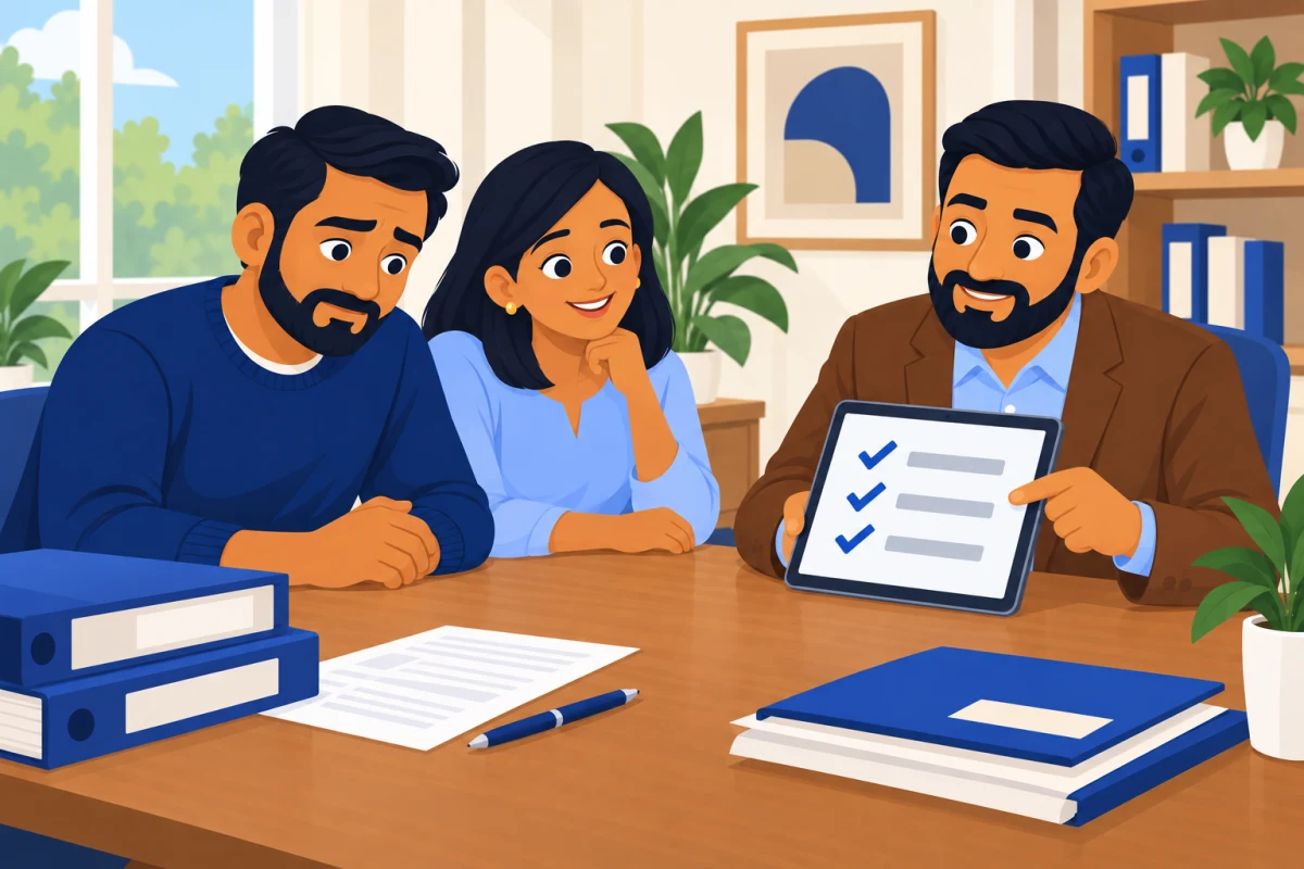 Illustration: the advisor showing a couple a simple plan with three check marks on a tablet