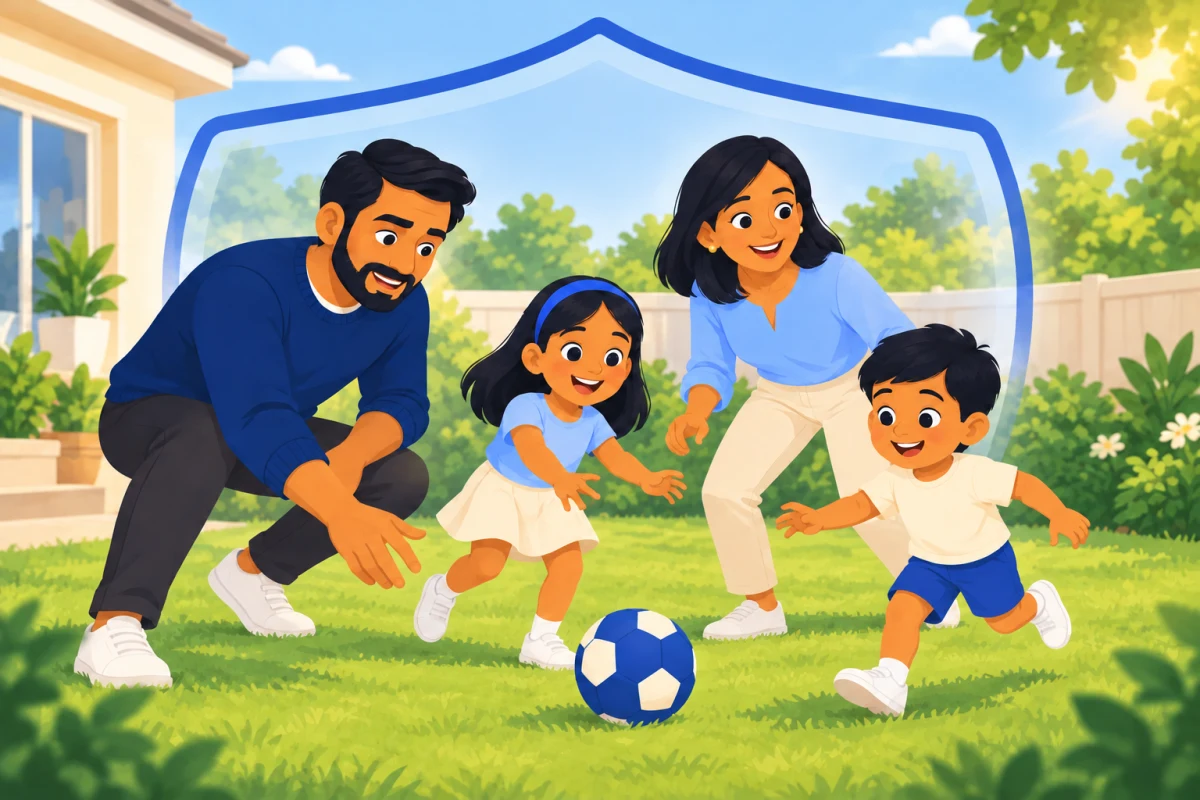 Illustration: the family playing in the backyard under a soft protective shield